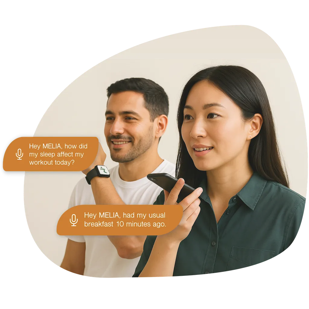 Woman talking to the MELIA app on her phone while a man speaks to MELIA on his smartwatch, both facing left against an off-white background.