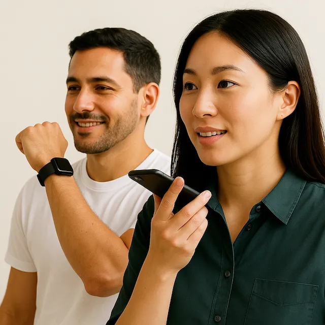 Woman talking to the MELIA app on her phone while a man speaks to MELIA on his smartwatch, both facing left against an off-white background.